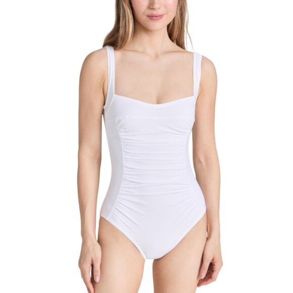 Karla Colletto Ruched Bathing Swim Suit Womens 16 White One Piece Square Neck - Picture 1 of 14